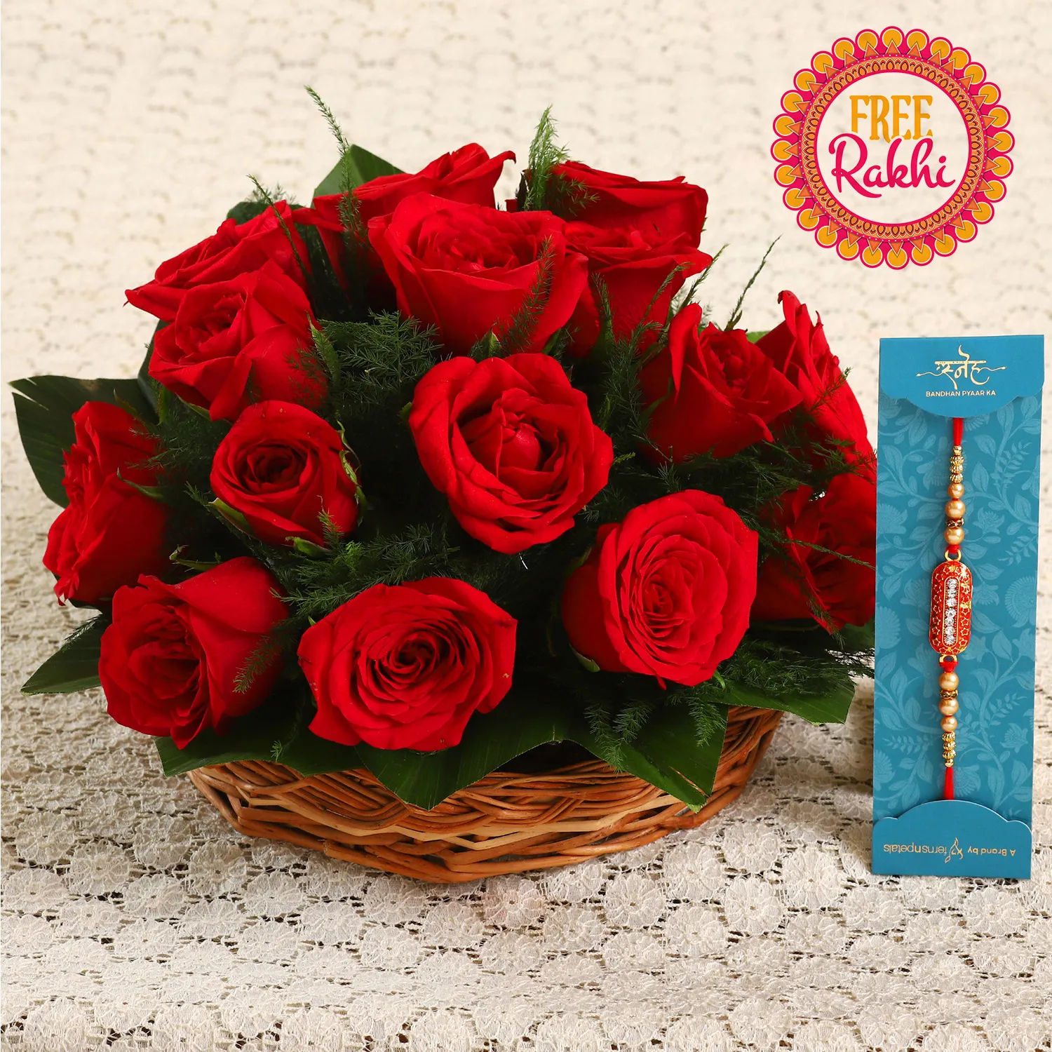  Free Designer Rakhi With Red Roses Basket